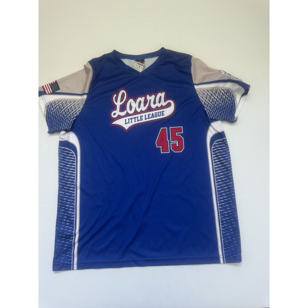 Loara Little League Baseball Jersey Mendoza #45 Youth XL Blue White Alleson